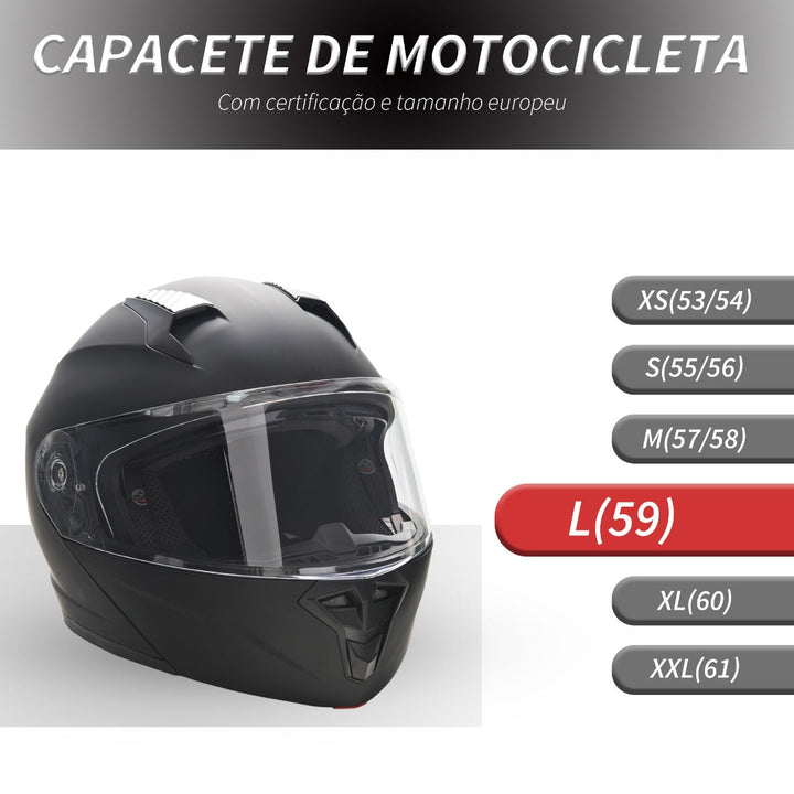 Capacete de Moto Integral Tamanho L-59cm com Dupla Viseira Cabeçote Anticolisão com Certificação Europeia Unisex Cor Preta