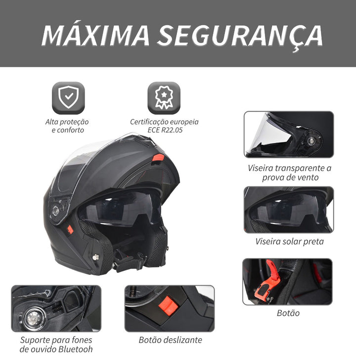 Capacete de Moto Integral Tamanho L-59cm com Dupla Viseira Cabeçote Anticolisão com Certificação Europeia Unisex Cor Preta