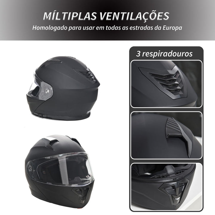 Capacete de Moto Integral Tamanho L-59cm com Dupla Viseira Cabeçote Anticolisão com Certificação Europeia Unisex Cor Preta