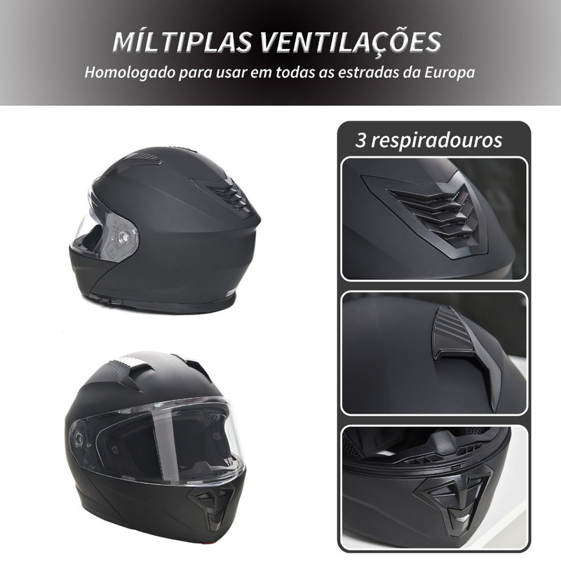 Capacete de Moto Integral Tamanho XL-60cm Capacete de Motocicleta com Dupla Viseira Cabeçote Anticolisão com Certificação Europeia Unisex Cor Preta