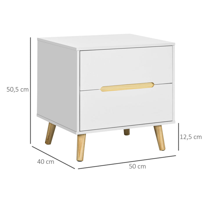 Mesa de Cabeceira com 2 Gavetas e Pés de Madeira Mesa de Cabeceira para Dormitório Escritório Estilo Moderno 50x40x50,5cm Branco