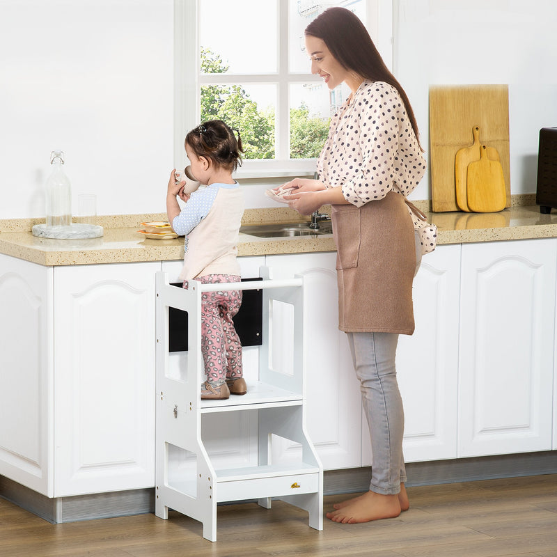 Torre de Aprendizagem para Crianças 3-6 Anos de Madeira Torre de Aprendizagem Infantil Convertível em Secretária com Ardósia e Barra de Segurança para Casa de Banho Cozinha 42x44x86cm Branco