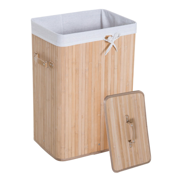 Cesto para Roupa Suja Dobrável com Tampa Cesta de Lavandaría Retangular Bambú 70L com Asas 40x30x60cm