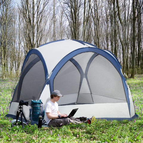 Tenda de Campismo para 6-8 Pessoas com 4 Telas Mosquiteiras 2 Painéis de Tecido Oxford e Bolsa de Transporte para Campismo Viagens 350x350x230cm Branco e Azul