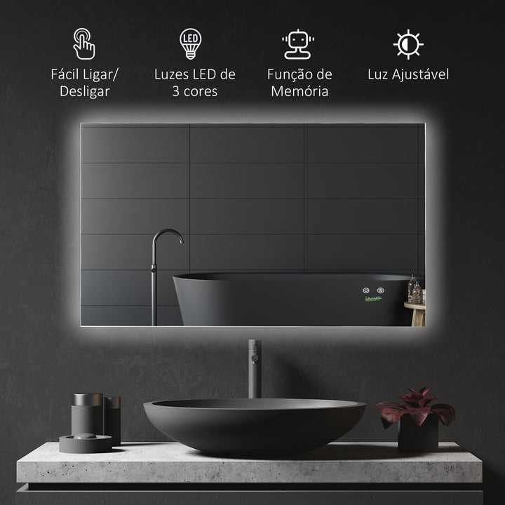 Espelho de Casa de Banho com Luz LED Espelho de Parede Anti-Embaciamento 90x60cm com Interruptor Tátil 3 Luzes Ajustáveis Função de Memória e Estrutura de Alumínio Suspensão Vertical ou Horizontal Prata