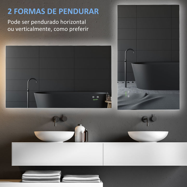 Espelho de Casa de Banho com Luz LED Espelho de Parede Anti-Embaciamento 90x60cm com Interruptor Tátil 3 Luzes Ajustáveis Função de Memória e Estrutura de Alumínio Suspensão Vertical ou Horizontal Prata