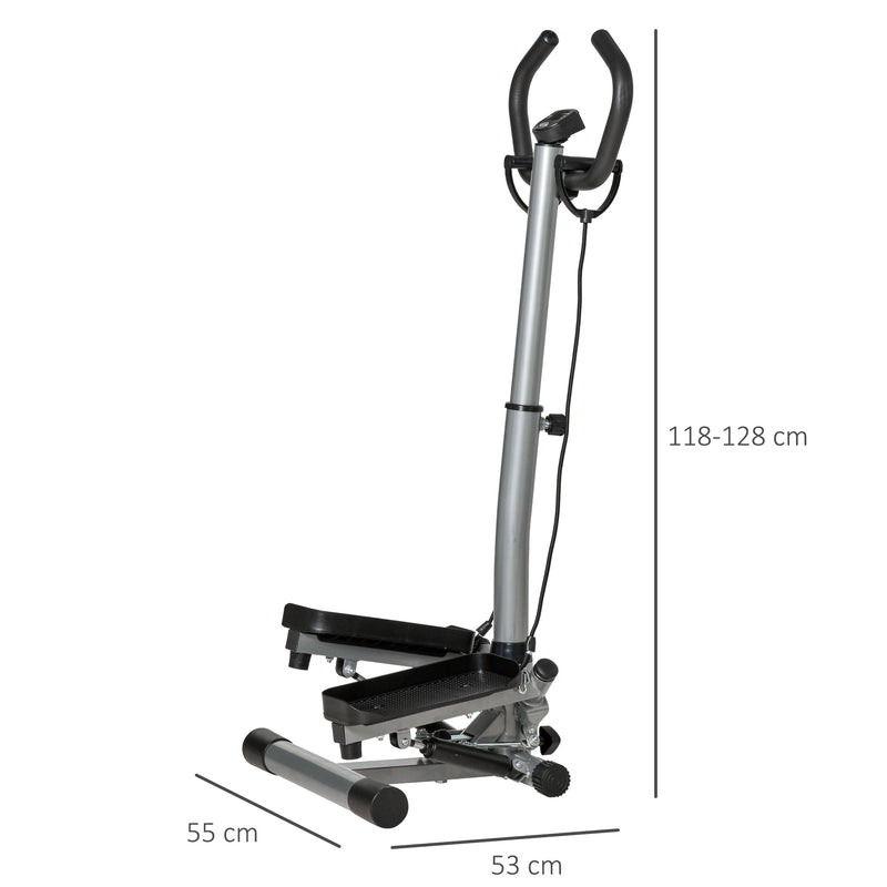 Máquina de Step Fitness com Guiador Ajustável em Altura Tela LCD Bandas Elásticas Pedais Antiderrapantes Equipamento de Exercício para Academia em Casa 55x53x118-128cm Prata