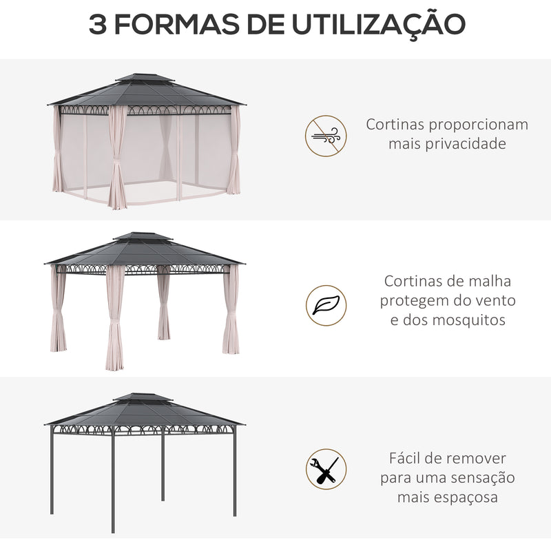 Pérgola de Jardim 3,6x3m Pérgola de Exterior com Teto Duplo de Policarbonato 4 Cortinas Laterais Mosquiteiras com Zíper e Estrutura de Alumínio para Pátio Festas Preto Cinza e Cáqui