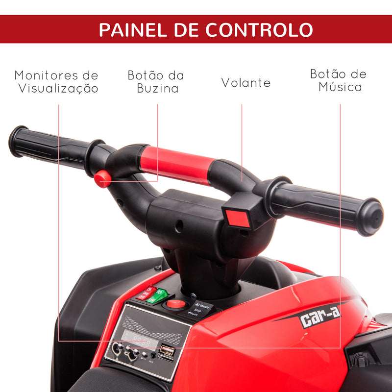 Quadriciclo Elétrico para Crianças de 3-5 Anos Veículo Eléctrico a Bateria 12V com 2 Motores Farol Música Velocidade Ajustável Avançar e Retroceder 83x53x55,5cm Vermelho