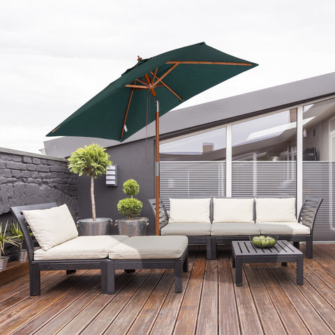 Chapéu de Sol de Jardim 200x150x230cm Chapéu de Sol Retangular Inclinável com Polia Duplo Teto e Mastro Desmontável de Madeira para Terraço Pátio Verde
