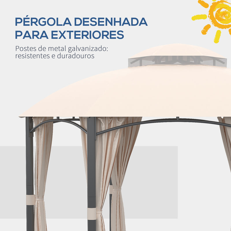 Pérgola de Jardim Hexagonal 4x4m Pérgola de Exterior com Teto Duplo de Ventilação 6 Cortinas Laterais 6 Telas Mosquiteiras com Zíper para Festas Pátio Cáqui