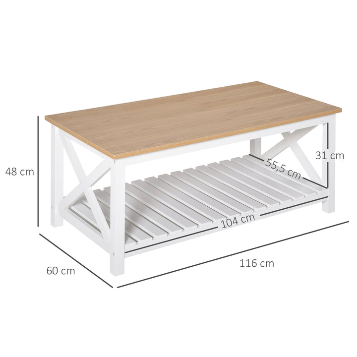Mesa de Centro para Sala de Estar Mesa de Café com Prateleira de Armazenamento Inferior 116x60x48cm Madeira Natural e Branco