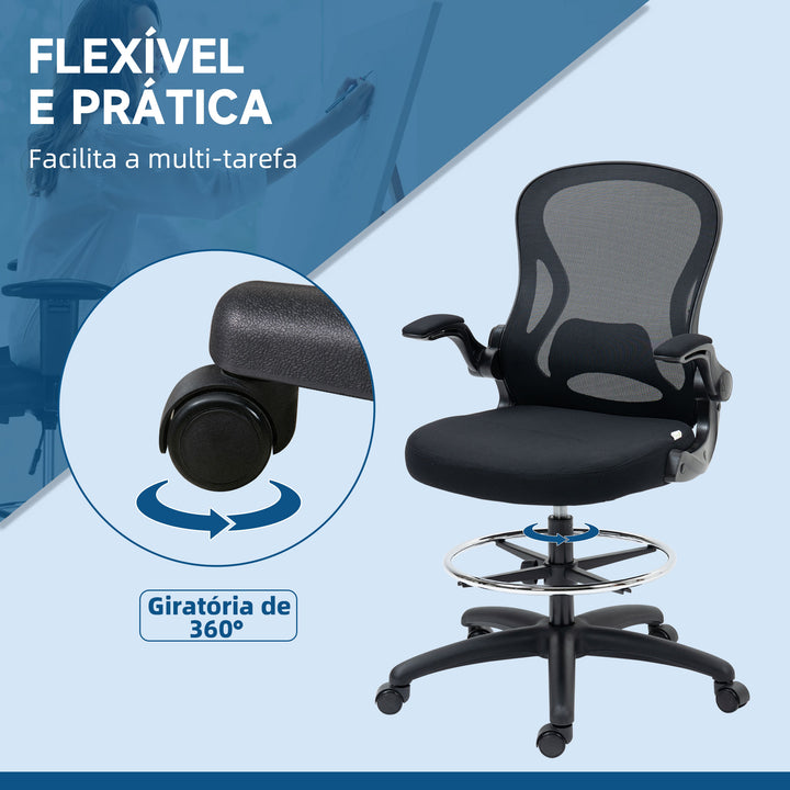 Cadeira de Escritório com Encosto Médio Suporte Lombar Apoio para os Braços Dobrável e Altura Ajustável Carga Máxima 120kg 59x65x110-130cm Preto