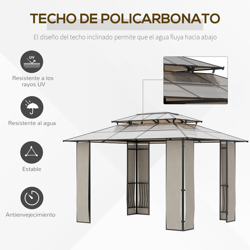 Pérgola de Jardim 3,6x3m Pérgola de Exterior com Cobertura de Policarbonato e Estrutura de Aço Alumínio Proteção Solar para Festas Eventos Marrom