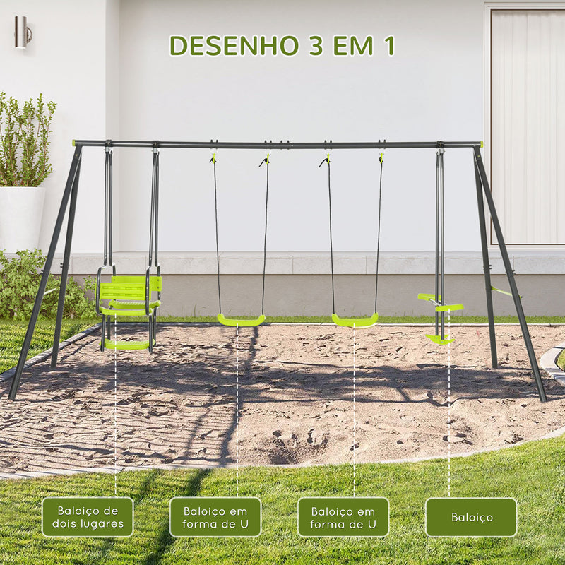 Conjunto de Baloiços Infantil com 2 Baloiços Baloiço Duplo e Estrutura de Aço Baloiços para Crianças de 3-8 Anos 355x184x186 cm Verde