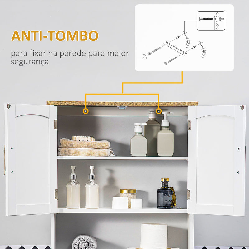 Armário sobre Sanita Armário Alto para Lavanderia com 2 Portas Prateleira Interior Ajustável e Prateleira de Armazenamento para Casa de Banho Carga Máxima 20kg Anti-Tombo 64x22x165cm Branco