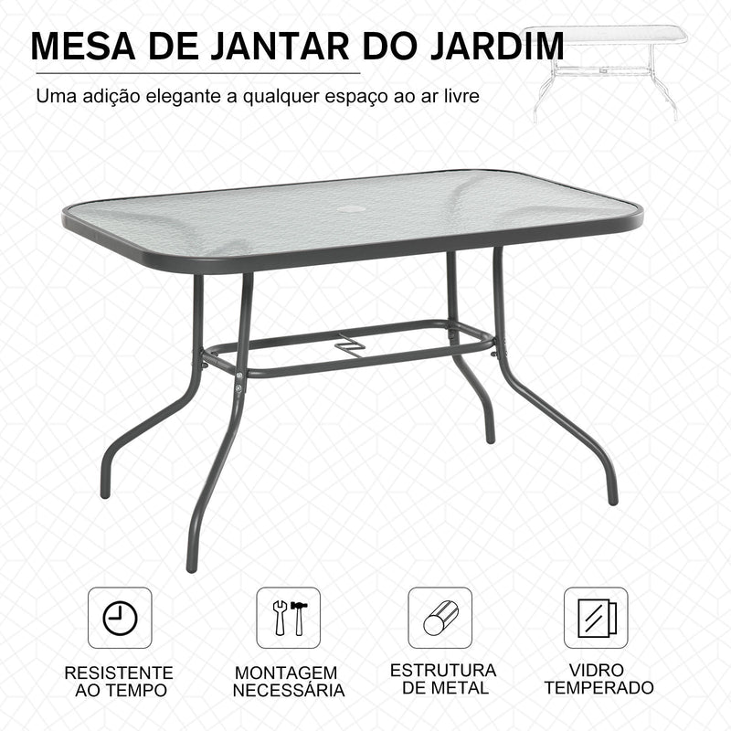 Mesa retangular de metal para jardim com orifício para guarda-sol Capacidade 70kg Vidro temperado 120x80x70 cm Cinza carvão