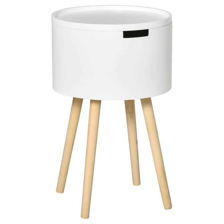 Mesa Auxiliar para Sala de Estar Moderna Mesa de Cabeceira com Tampa Removível Espaço de Armazenamento e Pés de Madeira para Dormitórios Ø38x63cm Branco