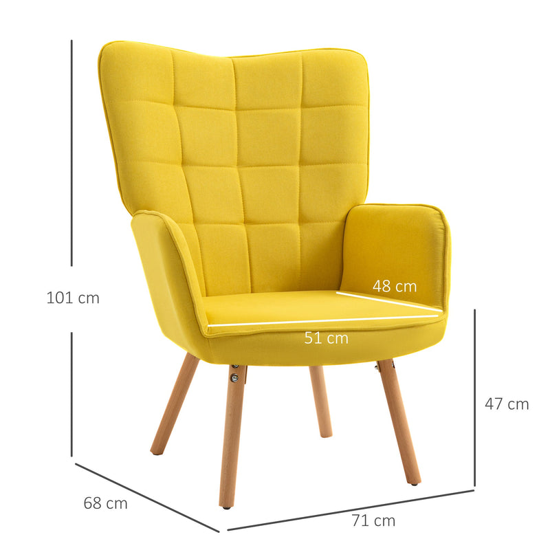 Poltrona de Sala de Estar Moderna Poltrona com Encosto Alto Apoio para os Braços Tecido de Linho e Pés de Madeira de Haya para Sala de Jantar Cozinha 71x68x101cm Amarelo