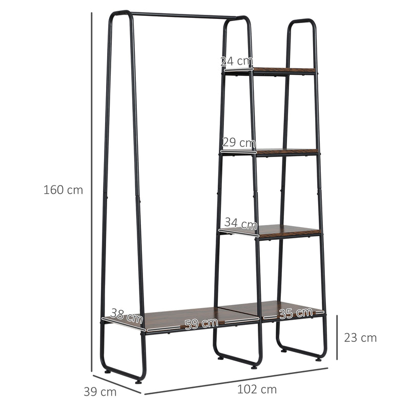 Suporte para Cabides Charriot de Madeira com 4 Prateleiras de Armazenamento e Barra de Pendurar para Dormitório Sala de Estar Entrada Estilo Industrial 101x39x160cm Café e Preto