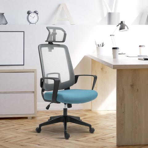 Cadeira de Escritório Ergonômica Giratória com Altura Ajustável Apoio para a Cabeça Apoio para os Braços e Suporte Lombar Reguláveis 63,5x63x116,5-125,5cm Azul e Cinza