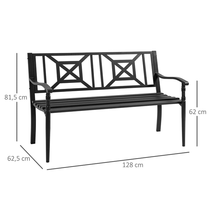 Banco de Jardim de 2 Lugares Banco de Exterior de Aço com Apoio para os Braços e Encosto Decorativo para Terraço Varanda Pátio Carga 280kg 128x62,5x81,5cm Preto