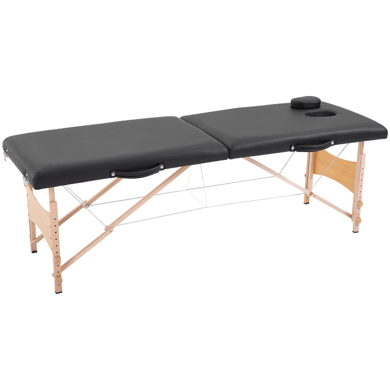 Marquesa de Massagem Dobrável Mesa de Massagem Portátil com Apoio para a Cabeça Estrutura de Madeira Altura Ajustável e Bolsa de Transporte 186x60x58-81 cm Preto