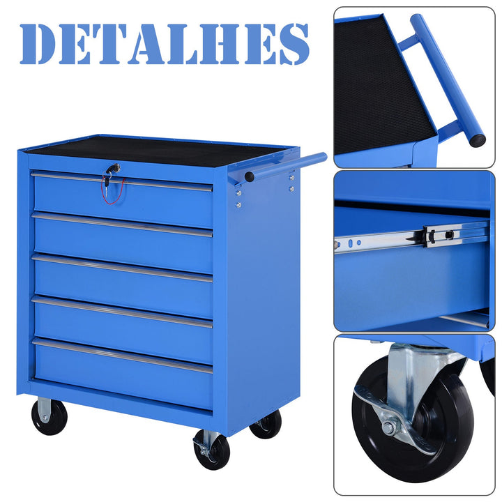 Carrinho de ferramentas metálico 5 gavetas e 4 rodas - azul