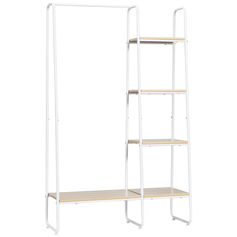 Suporte para Cabides Charriot de Madeira com 4 Prateleiras de Armazenamento e Barra de Pendurar para Dormitório Sala de Estar Entrada Estilo Industrial 101x39x160cm Madeira e Branco