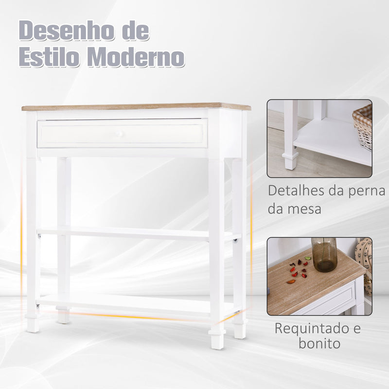 Mesa consola com 2 prateleiras 1 Gaveta Retro Removível 75,6x27,5x80,5 cm Branco