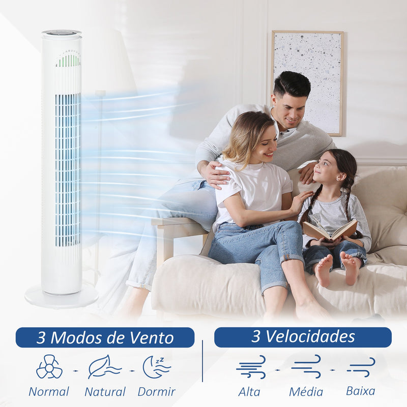 Ventoinha de Torre com Controlo Remoto ou Controlo Manual Temporizador de até 10h Oscilação 70° 3 Velocidades e 3 Modos 45W Ø22x77 cm Branco