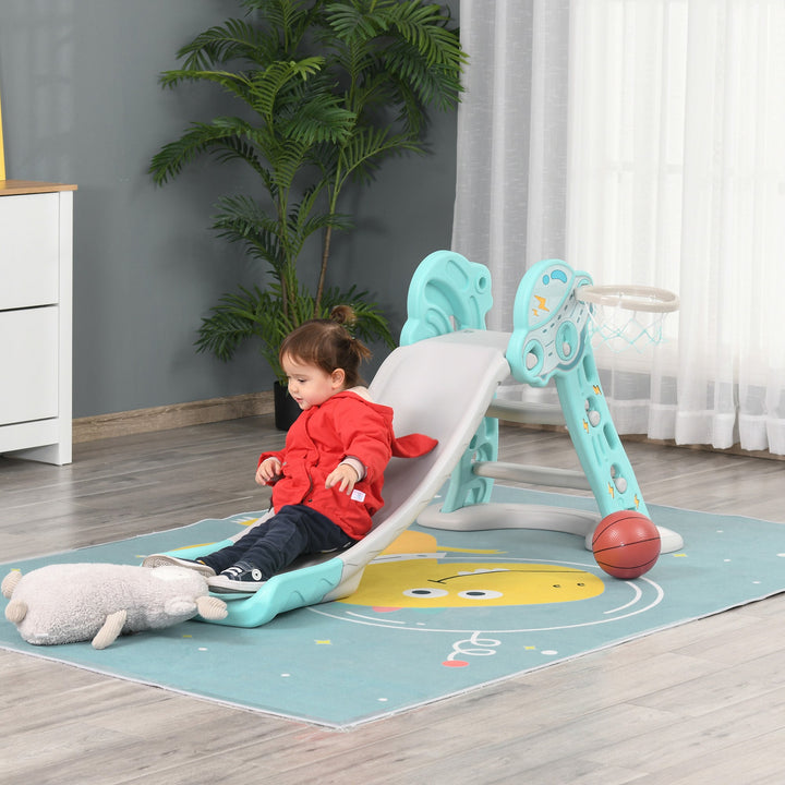 Escorrega Infantil Dobrável com Cesta de Basquetebol para Crianças acima de 18 meses Modelo Disco Voador para Interiores e Exteriores 140x87x75cm Azul e Cinza