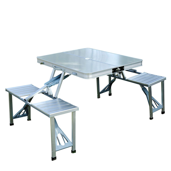Mesa de piquenique dobrável com 4 lugares e furo para guarda-sol para Camping - Alumínio - 85,5x67,5x66,5 cm