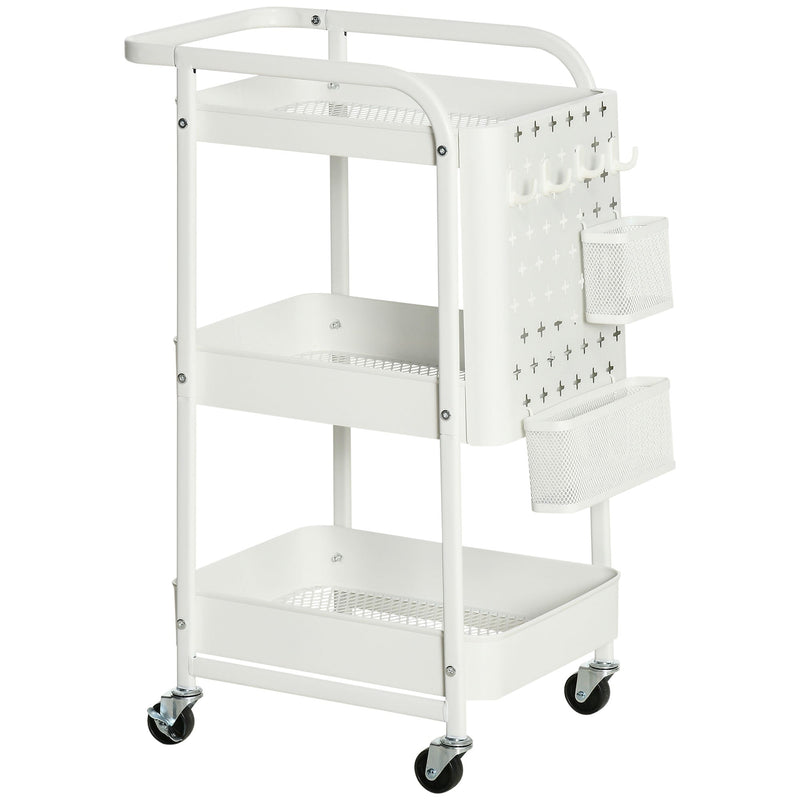 Carrinho de Cozinha com Rodas Carrinho de Armazenamento de 3 Níveis com 4 Ganchos 2 Cestas Alça de Transporte e Rodas com Freio para Casa de Banho Escritório Dormitório 51,5x32x75,6cm Branco