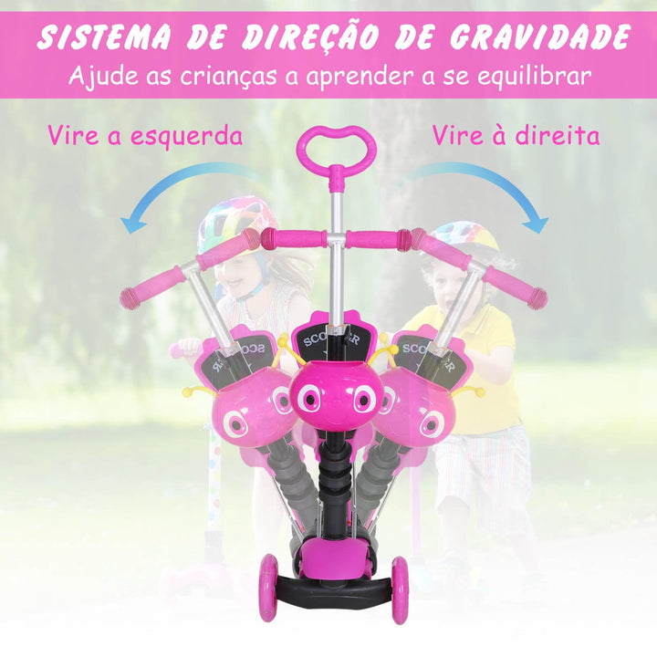 5 em 1 trotinete para crianças de acima de 1 ano 3 rodas trotinete com assento removível guiador ajustável 62x25x72,5 cm Rosa