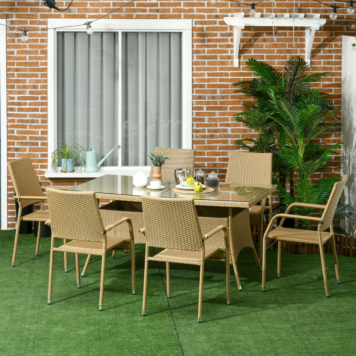 Conjunto de Móveis de Vime PE Conjunto de Refeição 7 Peças Mesa com Tampa de Vidro e 6 Cadeiras Empilháveis com Almofadas para Varanda Pátio Areia e Bege