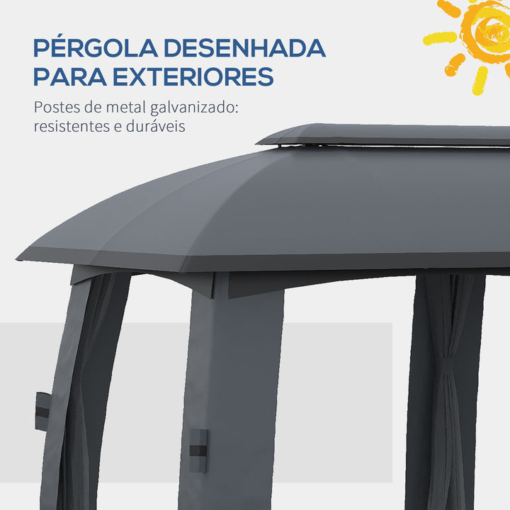 Pérgola de Jardim 3x6m Pérgola de Exterior com Teto Duplo 6 Cortinas Laterais 6 Telas Mosquiteiras com Zíper e Estrutura de Metal para Festas Eventos Pátio Cinza Escuro
