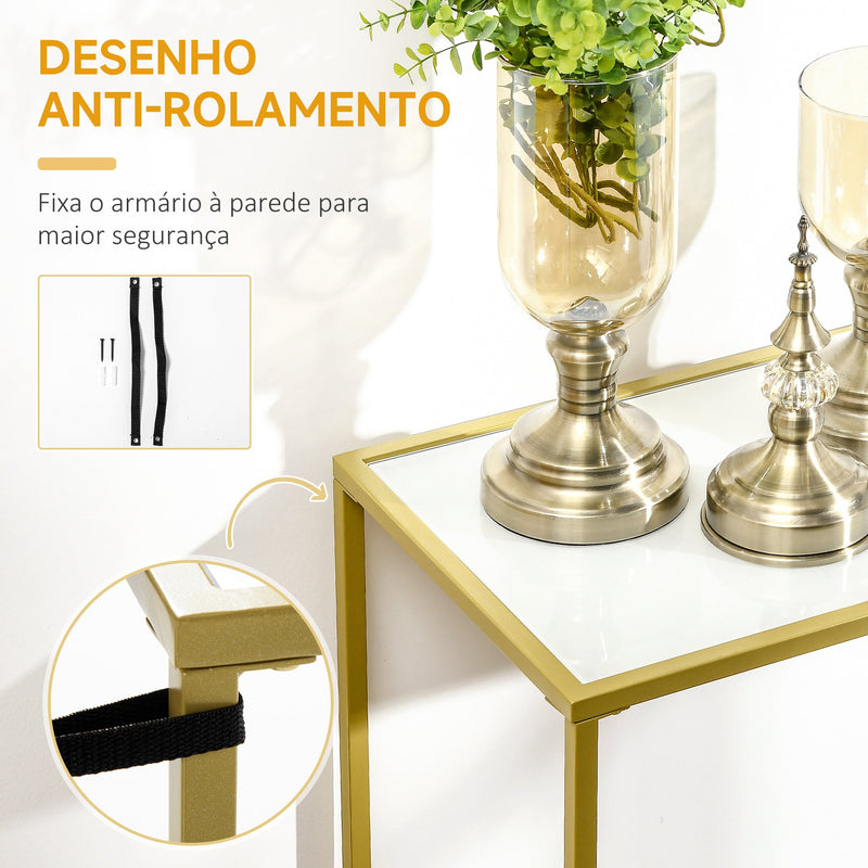 Mesa Consola Mesa de Entrada com Vidro e Estrutura de Aço para Corredor Sala de Estar Estilo Moderno com Anti-Rolamento Carga Máxima 25kg 100,5x35x80cm Branco e Dourado