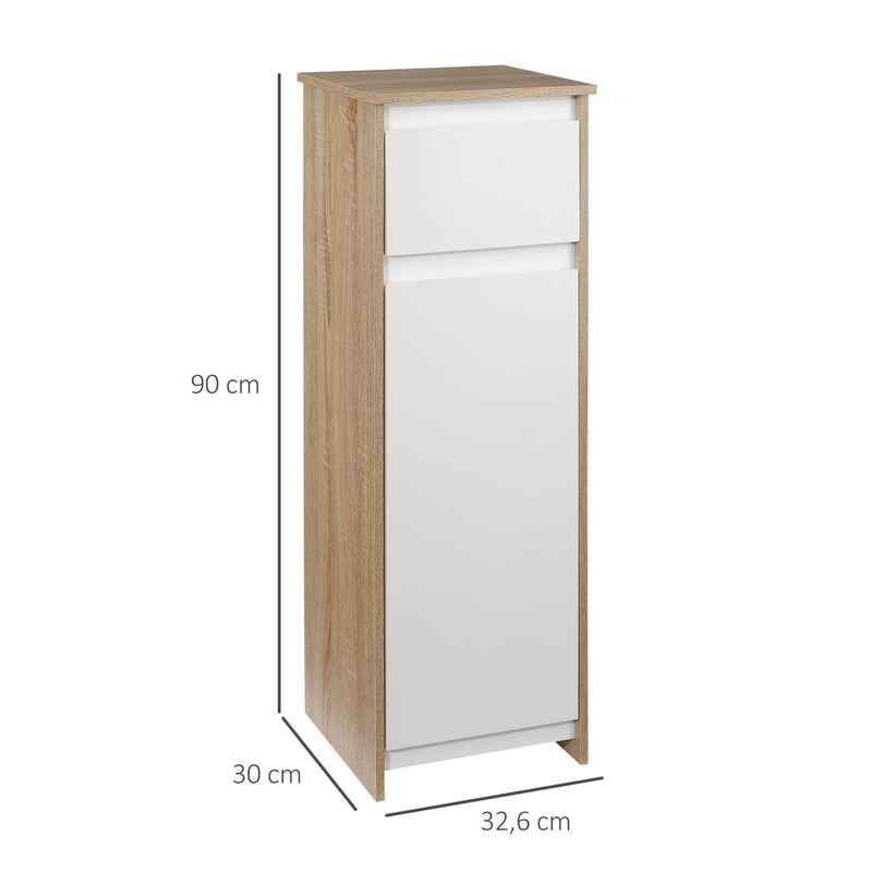 Armário de banheiro baixo Armário de madeira com gaveta e armário com 2 prateleiras para sala Quarto Cozinha 32,6x30x90 cm Cor natural e branco