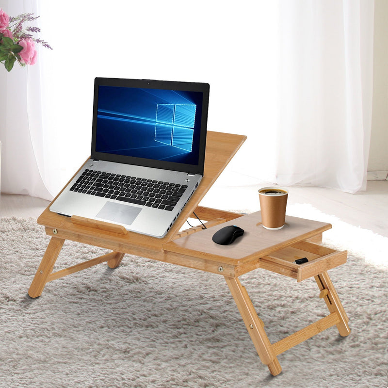 Mesa de Computador Portátil Bambu Dobrável Reclinado Altura ajustável Suporte Mesa de volta 1 Gaveta 55x35x22-30cm