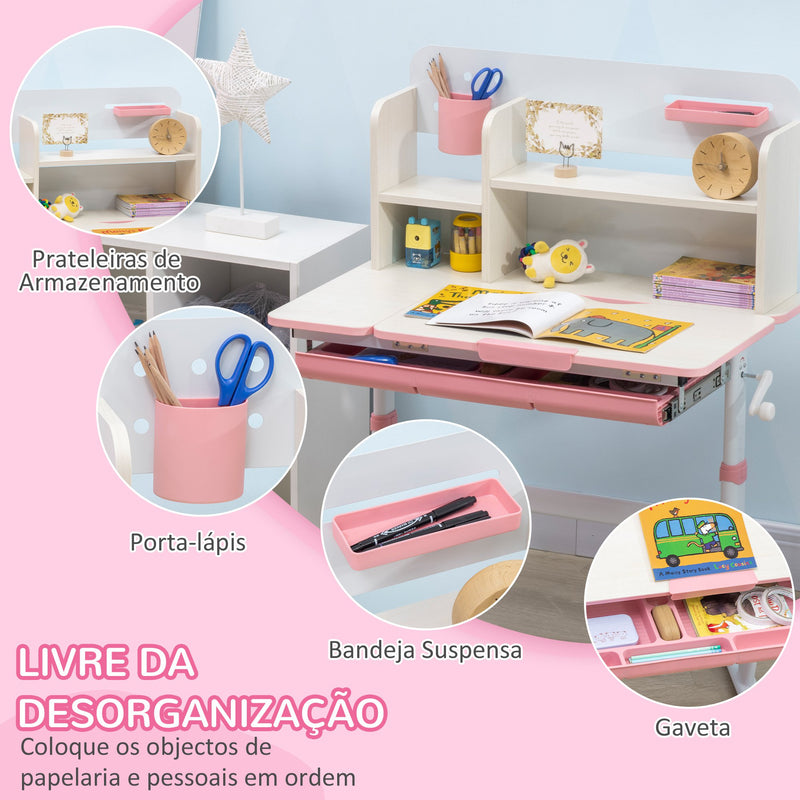 Conjunto de Secretária e Cadeira para Crianças acima de 3 Anos com Altura Ajustável Secretária Infantil com Bancada Inclinável Gaveta e Prateleira para Livros 80x52x88x109cm e 35,5x44,5x66-80cm Rosa