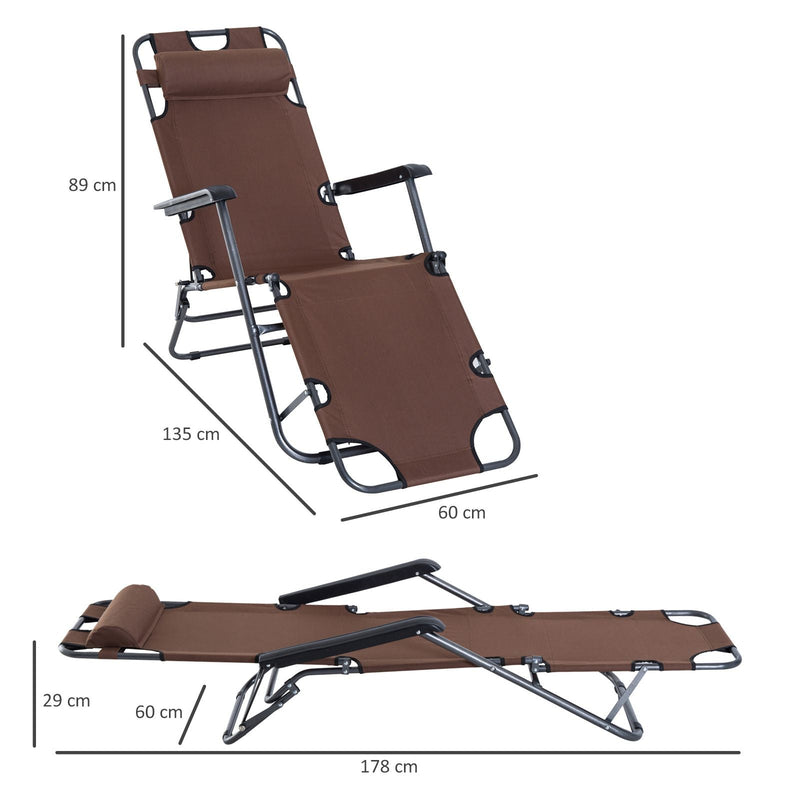 Espreguiçadeira Reclinável Dobrável com Encosto Ajustável Apoio de Braço Apoio para os Pés Carga 136 kg 135x60x89 cm Marrom