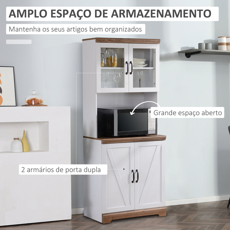 Armário de Cozinha Móvel Auxiliar de Cozinha com 2 Portas de Vidro Prateleiras Ajustáveis Bancada e Armário para Sala de Jantar Sistema Anti-Tombo 72x40x178cm Branco e Madeira