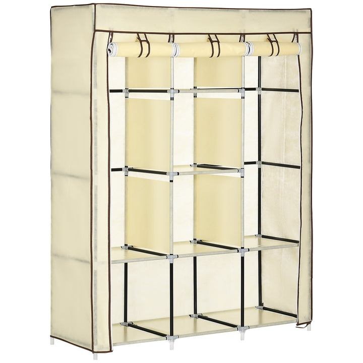 Roupeiro de Tecido Dobrável Armário Portátil com 8 Prateleiras de Armazenamento e 2 Barras de Pendurar Organizador de Roupa para Dormitório Vestidor 125x43x162,5cm Creme