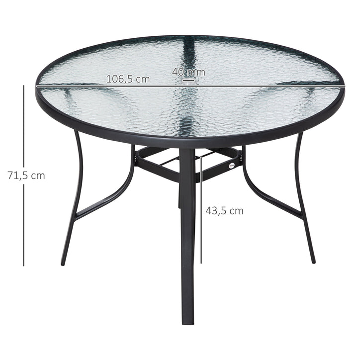Mesa de Cristal de Jardim com Orifício para Chapéu de Sol Mesa Redonda de Exterior Terraço Varanda com Estrutura de Aço Ø106,5x71cm Transparente e Preto