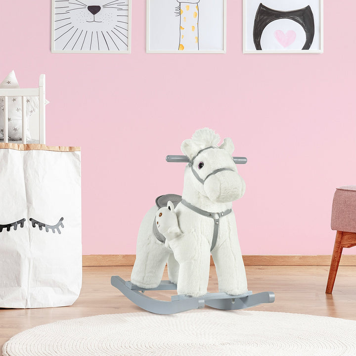 Cavalo Baloiço para Crianças de 18-36 Meses Cavalo de Balançar com Ursinho de Pelúcia Sons de Relinchos e Galopes base de Madeira 65x26x55cm Branco