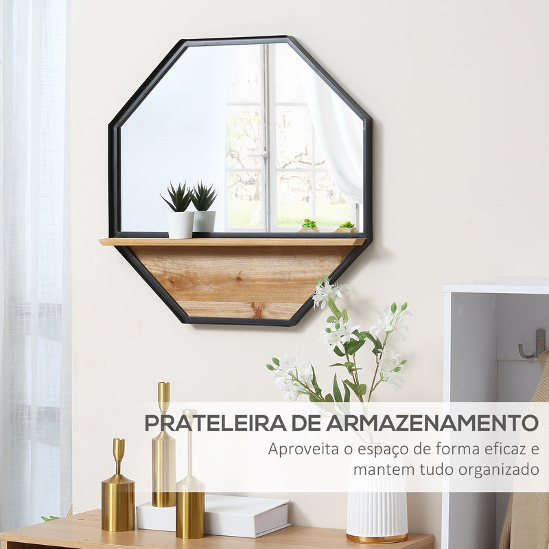 Espelho Decorativo de Parede 61x61cm Espelho Octógono com Prateleira de Armazenamento para Sala de Estar Dormitório Entrada Preto