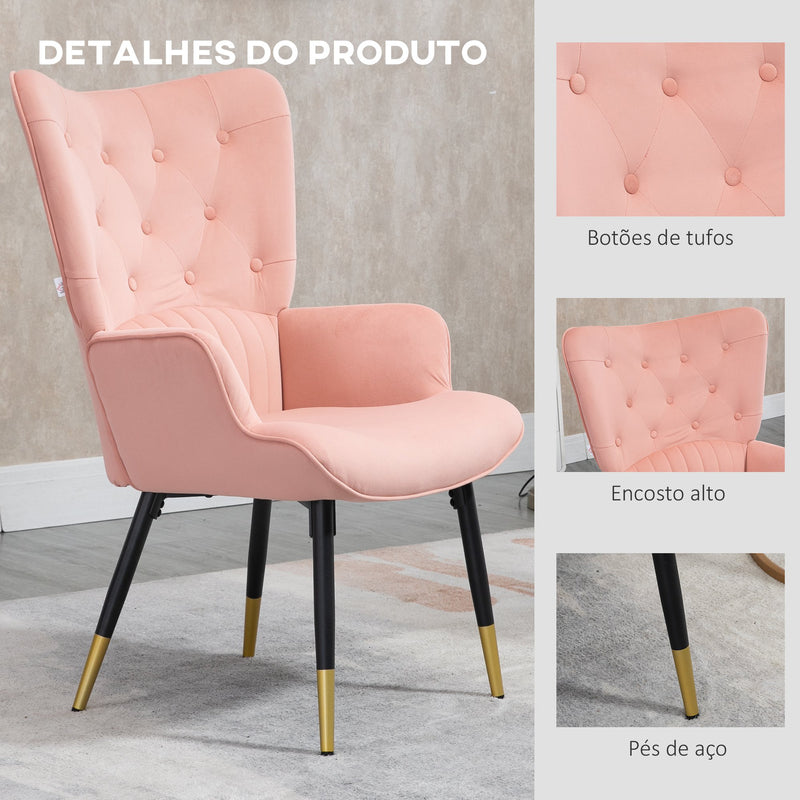 Poltrona Individual Poltrona Sala de Estar Estofada em Veludo com Encosto Alto Apoio para os Braços e Pés de Aço Estilo Moderno 68x72x103cm Rosa