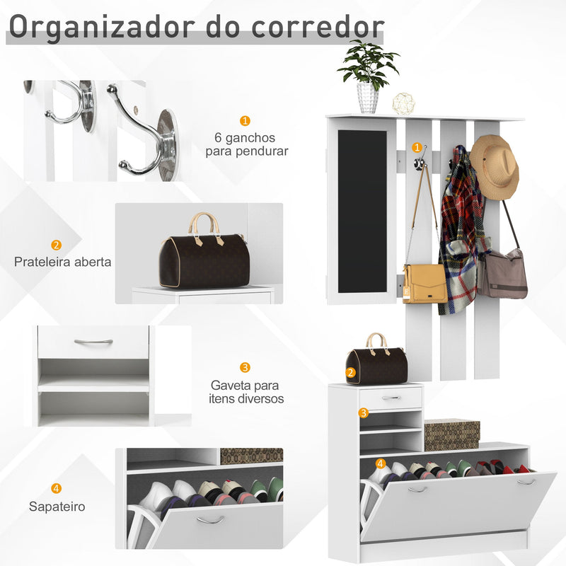 Conjunto de Móveis de Entrada Bengaleiro com Espelho e Sapateira com Gaveta 90x24x75 cm Branco