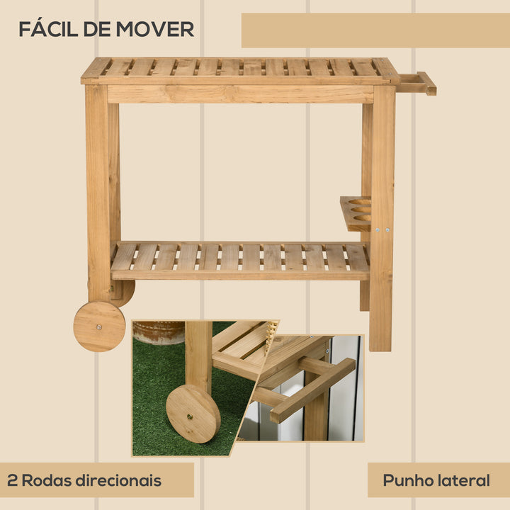 Carrinho de Madeira Exterior com 2 Níveis Alça Lateral 3 Suportes para Garrafas e 2 Rodas para Jardim Pátio Varanda 95x47x74 cm Madeira